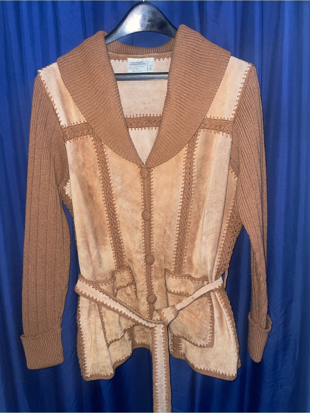 Vintage 1970s belted piece crochet suede jacket